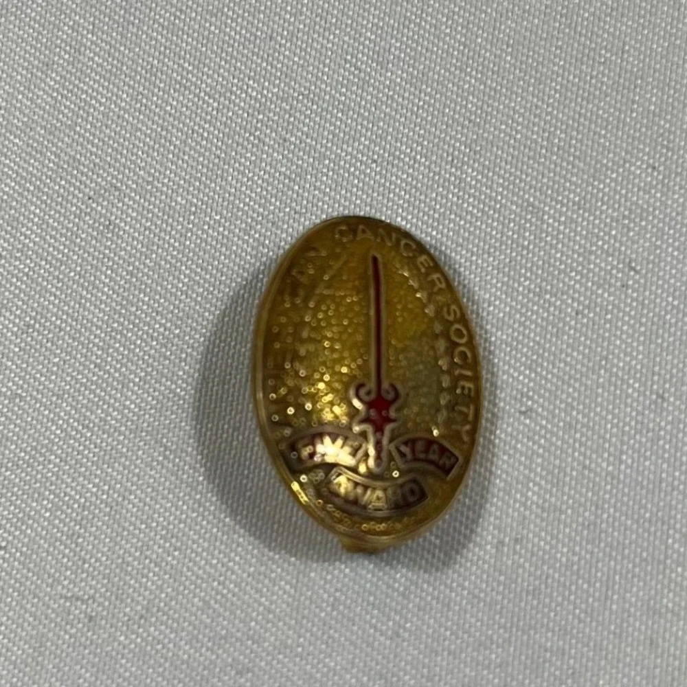 American Cancer Society Five Year Award Pin Gold Red Vintage Enamel